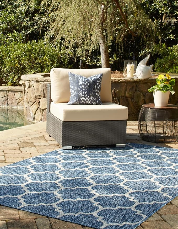 Unique Loom Outdoor Trellis Collection Area Rug (10' x 13' 1" Rectangle, Navy Blue/ Ivory)