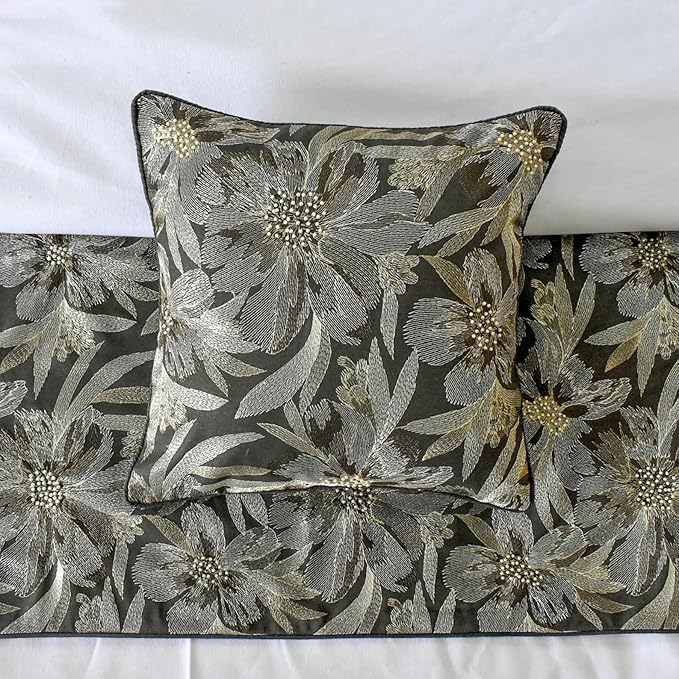 The HomeCentric King/Queen/Twin Grey Decorative Bed Runner Queen 74"x18" Bed Runner Without Pillow Cover, Embroidery, Floral, Pearl Bed Scarf on Jacquard Fabric - Liana
