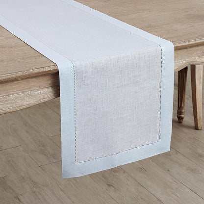 Solino Home Linen Light Blue Table Runner 60 Inches - Classic Hemstitch, 100% Pure Linen Coffee Table Runner 14 x 60 Inch Ideal for Dresser Tables, Christmas, New Year