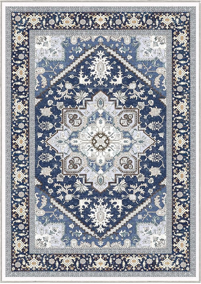 OPPODREAM Thin 10x14 Area Rugs, Washable Rugs 10x14 with Non Slip Backing, Low-Pile Faux Cashmere 10 x 14 Carpet, Navy Blue & Gold