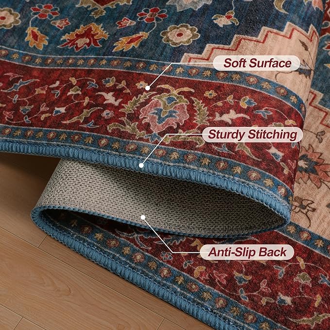 Tangsoo 3x5 Washable Rug, Oriental Indoor Area Rugs, Vintage Non Slip Accent Rug, Print Distressed Boho Red Carpet, Soft Low Pile Rugs for Living Room Dorm Bedroom Bedside Entryway Bathroom