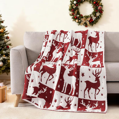 WRENSONGE Christmas Throw Blanket, Red Deer Pattern, Soft Cozy Fluffy Warm Throw Blankets for Couch, Sofa, Chair, Bed, Camping, Picnic, Travel Lightweight Bed Blanket - 50"*60"