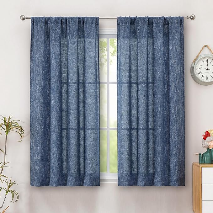 Simplebrand Navy Blue Semi Sheer Faux Linen Textured Curtains 54 Inch Length 2 Panels Set, Rod Pocket Farmhouse Short Curtain Drapes for Dinning Small Windows Bathroom Bedroom, Each 40Wx54L in