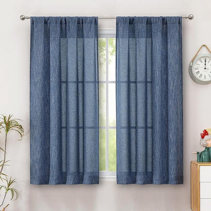 Simplebrand Navy Blue Semi Sheer Faux Linen Textured Curtains 54 Inch Length 2 Panels Set, Rod Pocket Farmhouse Short Curtain Drapes for Dinning Small Windows Bathroom Bedroom, Each 40Wx54L in