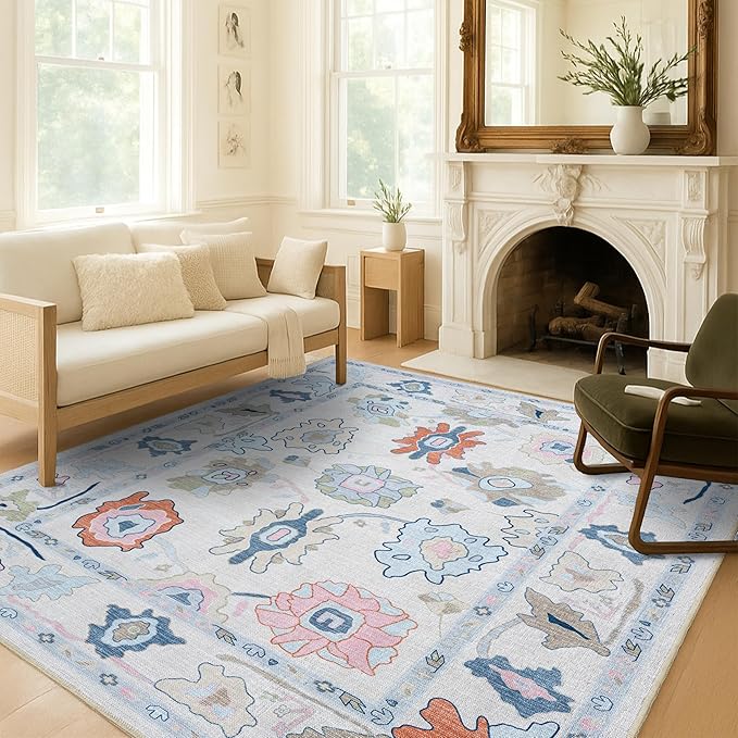 Fame Living Cream Oushak Runner Rug, Modern Runners, Vintage, Turkish, Eclectic, Floral, Pastel, Washable, Runner for Hallway, Kitchen, Bedroom, Bathroom, 2'5"x9'8"
