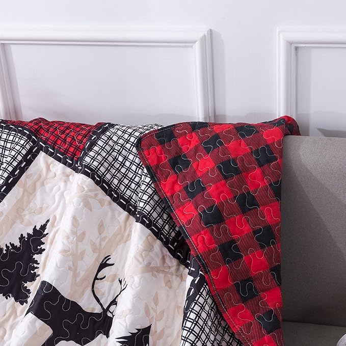 Soul & Lane Deer in The Pines 50" x 60" Lightweight Buffalo Plaid Blanket: Christmas Rustic Bedding Quilted Throw, Check Black and Red Quilt, Holiday Outdoor Coverlet, Lodge Winter Lap Comforter