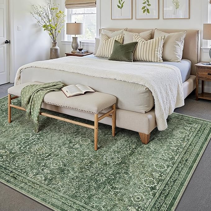 6x9 Vintage Area Rug Green Washable Living Room Large Non Slip Carpet Bedroom Indoor Office Low Pile Traditional Distressed Retro Floral Accent Rug for Dining Room Kitchen