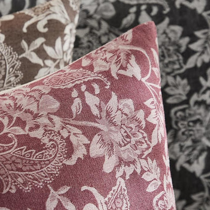 Floral Jacquard Throw Pillow Covers Set of 2, Background/Burgundy 22x22 Inch, Farmhouse Decorative Cotton Burgundy Cushion Covers for Sofa Bed Living Room Home Decor