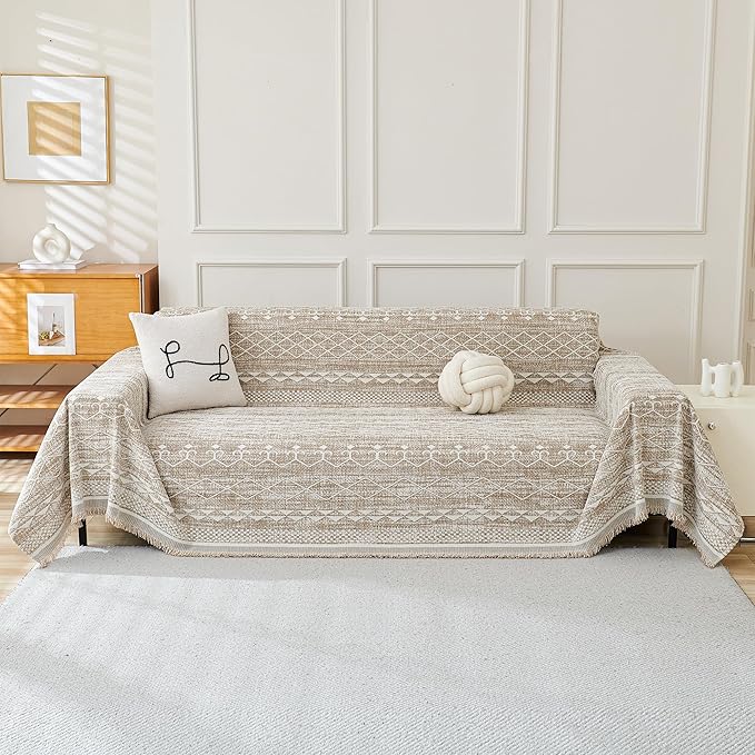 MEETSKY Boho Couch Cover Sofa Slipcover for Sectional Sofa Covers Protector Universal Use Chenille Blend Thick Fabric Washable, Modern Design Sofa Throw Cover for Living Room, 71" x 118", Khaki