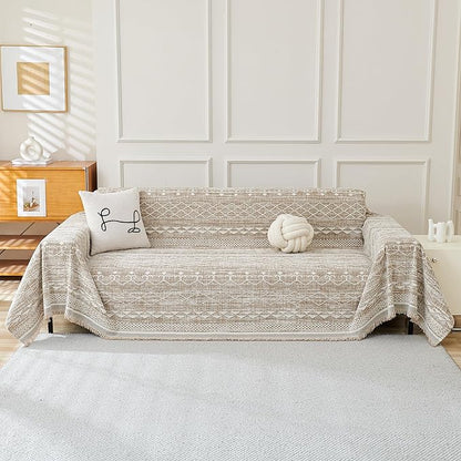 MEETSKY Boho Couch Cover Sofa Slipcover for Sectional Sofa Covers Protector Universal Use Chenille Blend Thick Fabric Washable, Modern Design Sofa Throw Cover for Living Room, 71" x 118", Khaki