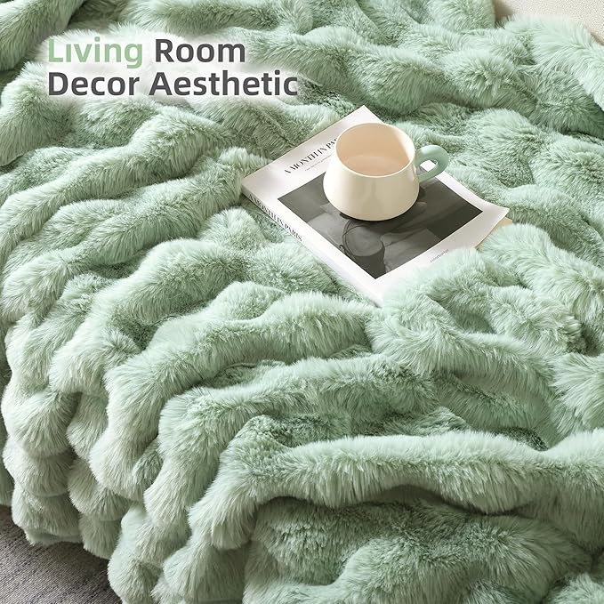 Smoofy Faux Fur Throw Blanket for Couch – Sage Fluffy Cozy Rabbit Fleece, Plush Soft Bubble Blanket for Sofa & Bed, for Mom, Warm Fuzzy Home Room Decor Throw 50" x 60"
