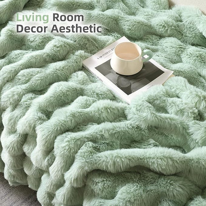 Smoofy Faux Fur Throw Blanket for Couch – Sage Fluffy Cozy Rabbit Fleece, Plush Soft Bubble Blanket for Sofa & Bed, for Mom, Warm Fuzzy Home Room Decor Throw 50" x 60"