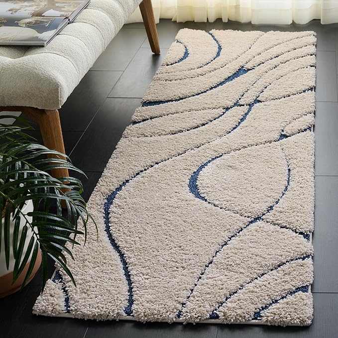 SAFAVIEH Florida Shag Collection Area Rug - 2'3" x 21' Runner, Cream & Blue, Non-Shedding & Easy Cleaning, Plush Thick Pile, Ideal for Living Room, Bedroom, Dining Space (SG471-1165)