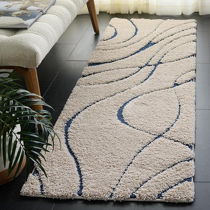 SAFAVIEH Florida Shag Collection Area Rug - 2'3" x 21' Runner, Cream & Blue, Non-Shedding & Easy Cleaning, Plush Thick Pile, Ideal for Living Room, Bedroom, Dining Space (SG471-1165)