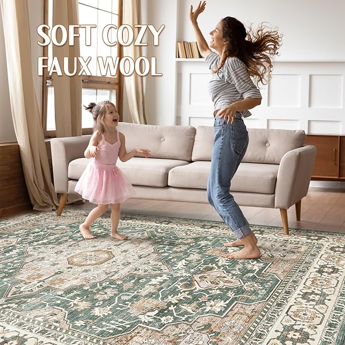 Green Rug Living Room Rugs: 10x14 Washable Boho Large Vintage Soft Stain Resistant Farmhouse Oriental Non Slip Indoor Floor Carpet for Bedroom Nursery Kids Playroom Office Dining Room Home Decor