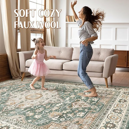 7x9 Area Rug Living Room: Machine Washable Boho Large Vintage Soft Rugs Stain Resistant Farmhouse Oriental Non Slip Indoor Floor Carpet for Bedroom Nursery Kids Playroom Office Dining Room- Green