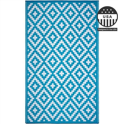 FH Home Outdoor Rug - Waterproof, Fade Resistant, Reversible - Premium Recycled Plastic - Geometric - Patio, Porch, Deck, Balcony - Aztec - Teal & White Crease Free - 5 x 8 ft