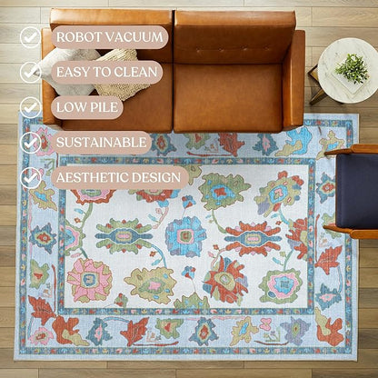 Fame Living Colorful Oushak Runner Rug, Modern Runners, Vintage, Turkish, Eclectic, Floral, Pastel, Washable, Runner for Hallway, Kitchen, Bedroom, Bathroom, 2'5"x9'8"