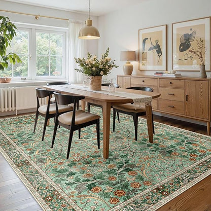 MUJOO Green Washable Rugs 8x10,Floral Area Rug for Living Room Dining Room Bedroom,Large Throw Carpet,Boho Non Slip Indoor Floor Big Soft Botanical Vintage Ultra-Thin