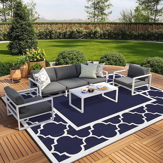 GENIMO 10' x 14' Outdoor Rug Waterproof for Patio, Foldable Reversible Plastic Straw Area Rugs Mat for Rv Decor, Outside Carpet for Camper, Deck, Picnic, Beach, Balcony, Porch, Blue & White