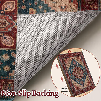 Tangsoo Oriental Red Rug 4x6 Washable Vintage Rugs Non Slip Indoor, Distressed Carpet for Living Room, Dining Room, Soft Low Pile Rugs Boho Foldable Floor for Bedroom Dorm Bedside Bathroom
