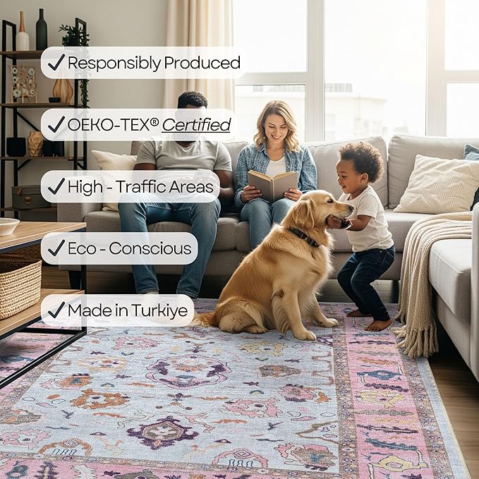 Fame Rugs Pink Beige Modern Oushak Rug 9x12, Vintage Turkish Colorful Oriental Washable Antique Inspired Oversize Area Rugs, Luxury Living Room Bedroom (390PP, 9' x 12)