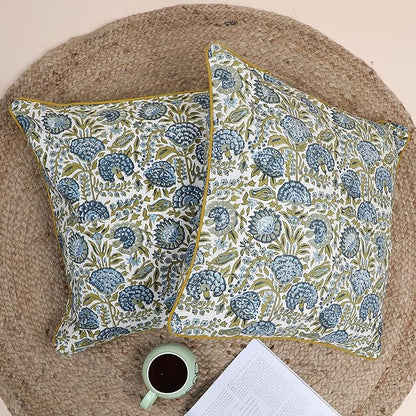 SheetKart Pure Cotton Throw Pillow Covers - Set of 2 - Hand Block Pure Cotton Printed Boho Decorative Pillow Covers - Cushion Covers for Living Room, Bohemian Theme, 20 x 20 Inches, Midnight Olive