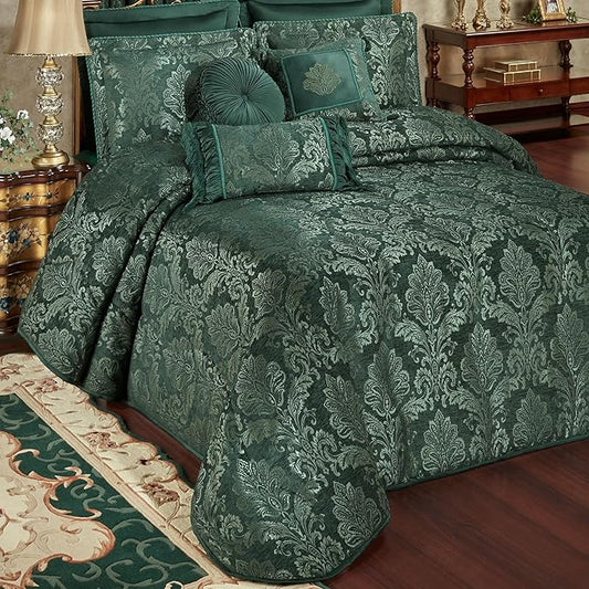 Touch of Class Camelot Luxury Bedding | Striking Emerald Green | Matte Satin Damask on Textured Jacquard-Woven Chenille 6 Piece Set Includes King Bedspread, 2 King Shams, and 3 Decorative Pillows