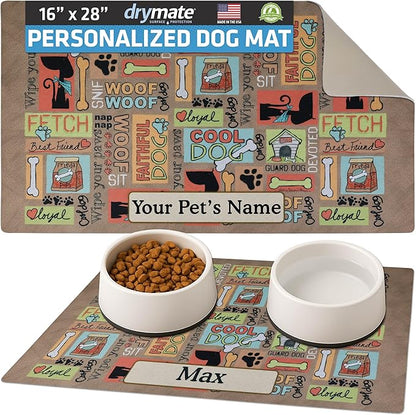 Drymate Personalized Pet Bowl Placemat, Custom Dog & Cat Food Feeding Mat - Absorbent Fabric, Waterproof Backing - Machine Washable/Durable (USA Made) (16" x 28") (Cool Dog - Brown)