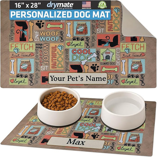 Drymate Personalized Pet Bowl Placemat, Custom Dog & Cat Food Feeding Mat - Absorbent Fabric, Waterproof Backing - Machine Washable/Durable (USA Made) (16" x 28") (Cool Dog - Brown)