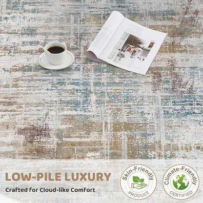 5ft Round Area Rug for Living Room: 5x5 Washable Neutral Abstract Modern Soft Rugs Non Slip Indoor Floor Stain Resistant Carpet for Bedroom Dining Room Office Nursery - Blue Brown