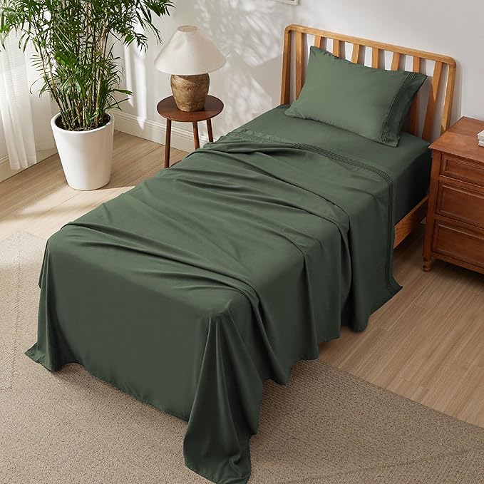 Bedsure Twin XL Sheets Dorm Bedding, GentleSoft Breathable Extra Long Twin Sheets & Pillowcases, Moisture Wicking Cooling, Deep Pocket Fits Mattress Up to 21 Inches Thick, Olive Green