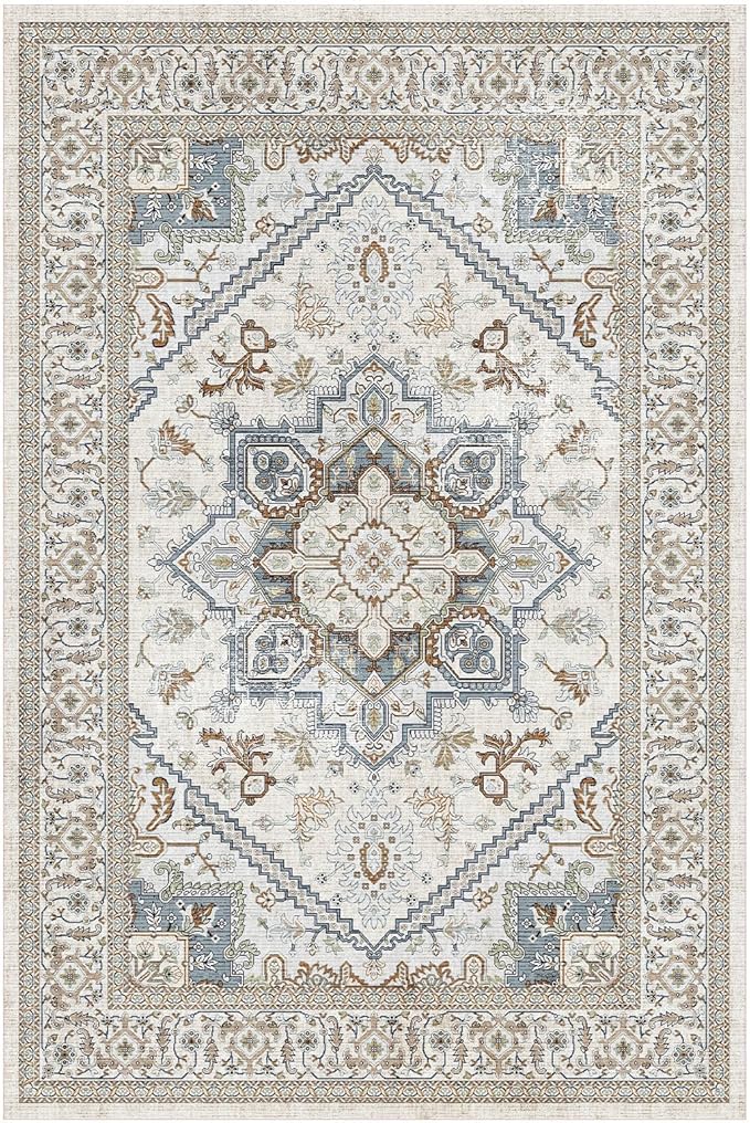OPPODREAM Thin Area Rugs 4x6, Low-Pile Washable Rugs 4x6 with Non Slip Backing, Faux Cashmere 4 x 6 Throw Carpet, Greenish Grey