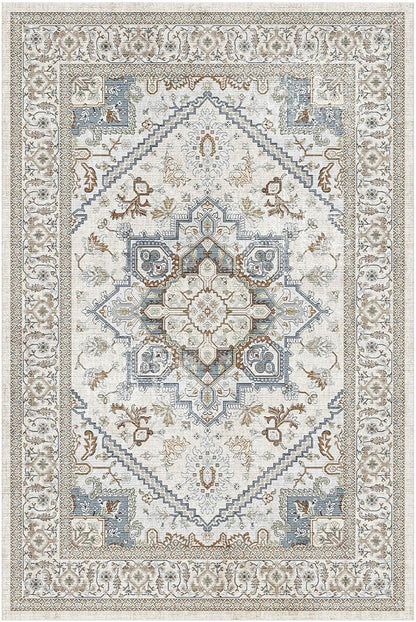 OPPODREAM Thin Area Rugs 4x6, Low-Pile Washable Rugs 4x6 with Non Slip Backing, Faux Cashmere 4 x 6 Throw Carpet, Greenish Grey