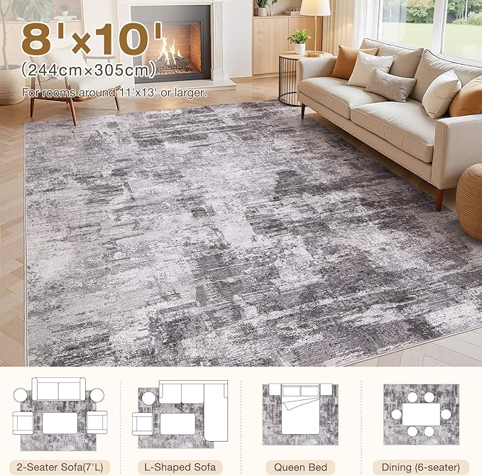 Abstract Living Room Rug 8x10 - Modern Washable Soft Thin Area Rug for Living Room Bedroom Under Dining Table - Neutral Indoor Floor Rug Carpets for Home Office Playroom Nursery - Grey