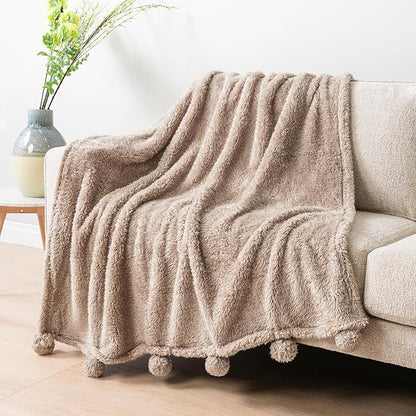PAVILIA Tan Sherpa Throw Blanket for Couch, Warm Plush Pom Pom Blanket Throw Twin, Fuzzy Sofa Blanket Throw for Bed, Lightweight Soft Cozy Fluffy Blanket with Pom Poms, Taupe, 60x80