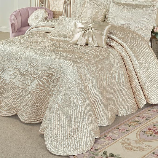 Touch of Class Portia Luxury Bedding | Soft Pearl | Premier Quilted Polyester Satin | Romantic Hand Guided Machine Quilted Scroll Design 3 Piece Set: King Oversized Bedspread and 2 King Shams