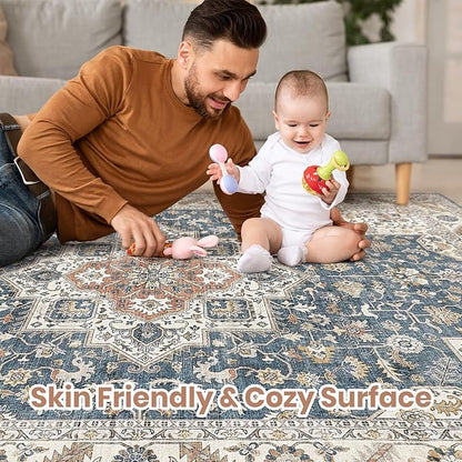 Vintage Living Room Area Rug 5x8 - Large Soft Washable Oriental Traditional Distressed Farmhouse Rugs for Bedroom - Indoor Floor Accent Carpet for Home Office House Decor - Vintage Blue