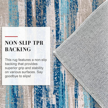 Modern Abstract Runner Rug 2x12, Blue Washable Long Kitchen Runner Non-Slip Soft Hallway Rug Runner Thin Print Faux Wool Carpet for Entryway Bedroom Laundry Room Indoor Home Decor