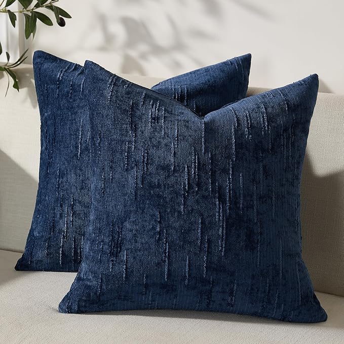 Set of 2 Soft Textured Throw Pillow Covers 24x24, Invisible Zipper Neutral Cushion Cases, Easy - Care Decorative Farmhouse Decor for Living Room Couch (Blue, 24" x 24" (Pack of 2))