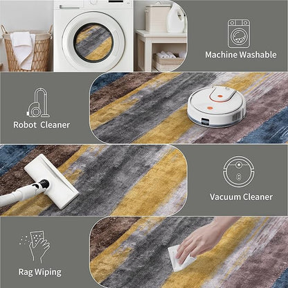 Ciicool 2'6 "x8' Washable Runner Rug, Modern Abstract Hallway Rugs Runner, Non-Slip Thin Accent Rug Lightweight Yellow Gray Distressed Carpet Runners for Laundry Entryway Bedroom Kitchen Indoor