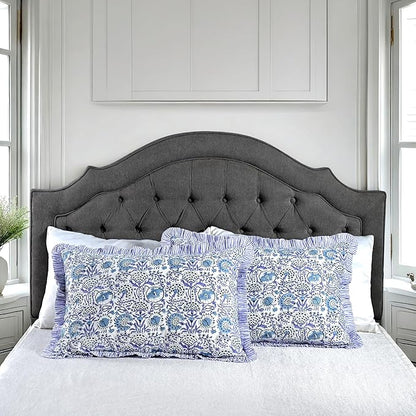 CPC Indigo Blue 100% Cotton Block Print Ruffle Sham Cover 20X36 inch Pack of 2, Handmade Boho Floral Pillowcase, Soft Decorative King Bed Pillow Cover for Bedroom Décor