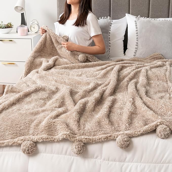 PAVILIA Tan Sherpa Throw Blanket for Couch, Warm Plush Pom Pom Blanket Throw Twin, Fuzzy Sofa Blanket Throw for Bed, Lightweight Soft Cozy Fluffy Blanket with Pom Poms, Taupe, 60x80