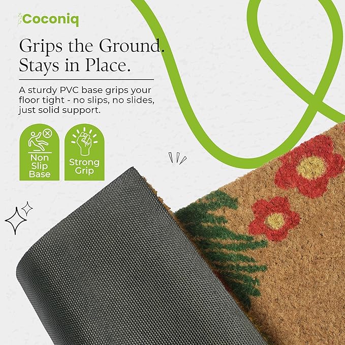 Coir Door Mats 17" X 30", Non-Slip Sturdy, PVC Backed Heavy Duty, Easy to Clean, Ideal for Door Entrance, Patio, Porch, Backyard, Garages, Vibrance of Flora - Hello