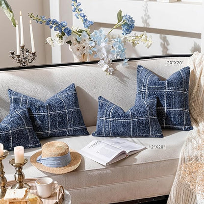 BlissBlush Dark Blue Decorative Throw Pillow Covers 22X22, Set of 2, Boho Farmhouse Cushion Cover, Cozy Soft Accent Pillowcase for Couch Sofa Bed Living Room Home Décor