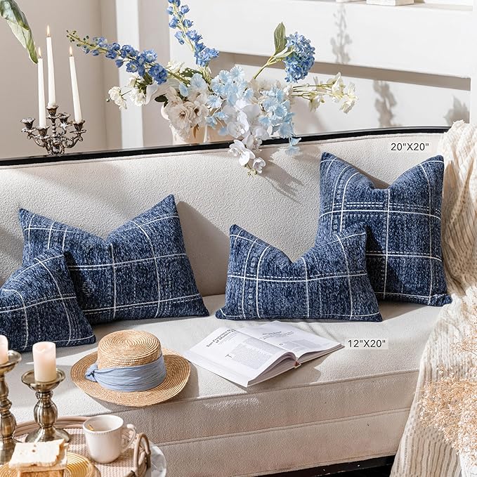 BlissBlush Dark Blue Decorative Lumbar Throw Pillow Covers 12X20, Set of 2, Boho Farmhouse Cushion Cover, Soft Accent Pillowcase for Couch Sofa Bed Living Room Home Décor