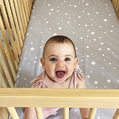 Newton Baby Fitted Mini Crib Sheets (2-Pack) | Organic Muslin Cotton, Breathable & Soft Baby Sheets, Washable Baby Mattress Sheets, Fits Any Mini Sized Crib 24" x 38", Stardust Twilight Grey + White
