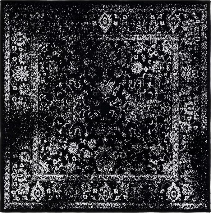 SAFAVIEH Adirondack Collection Area Rug - 6' Square, Black & Ivory, Distressed Vintage Floral Design, Non-Shedding & Easy to Clean, Ideal for Living Room, Bedroom, Dining Space (ADR109Z)