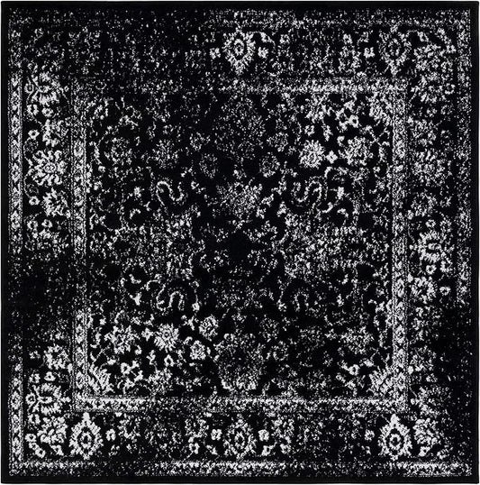 SAFAVIEH Adirondack Collection Area Rug - 6' Square, Black & Ivory, Distressed Vintage Floral Design, Non-Shedding & Easy to Clean, Ideal for Living Room, Bedroom, Dining Space (ADR109Z)
