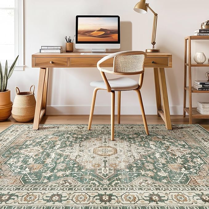 Green Rug Living Room Rugs: 7x10 Washable Boho Large Vintage Soft Stain Resistant Farmhouse Oriental Non Slip Indoor Floor Carpet for Bedroom Nursery Kids Playroom Office Dining Room Home Decor